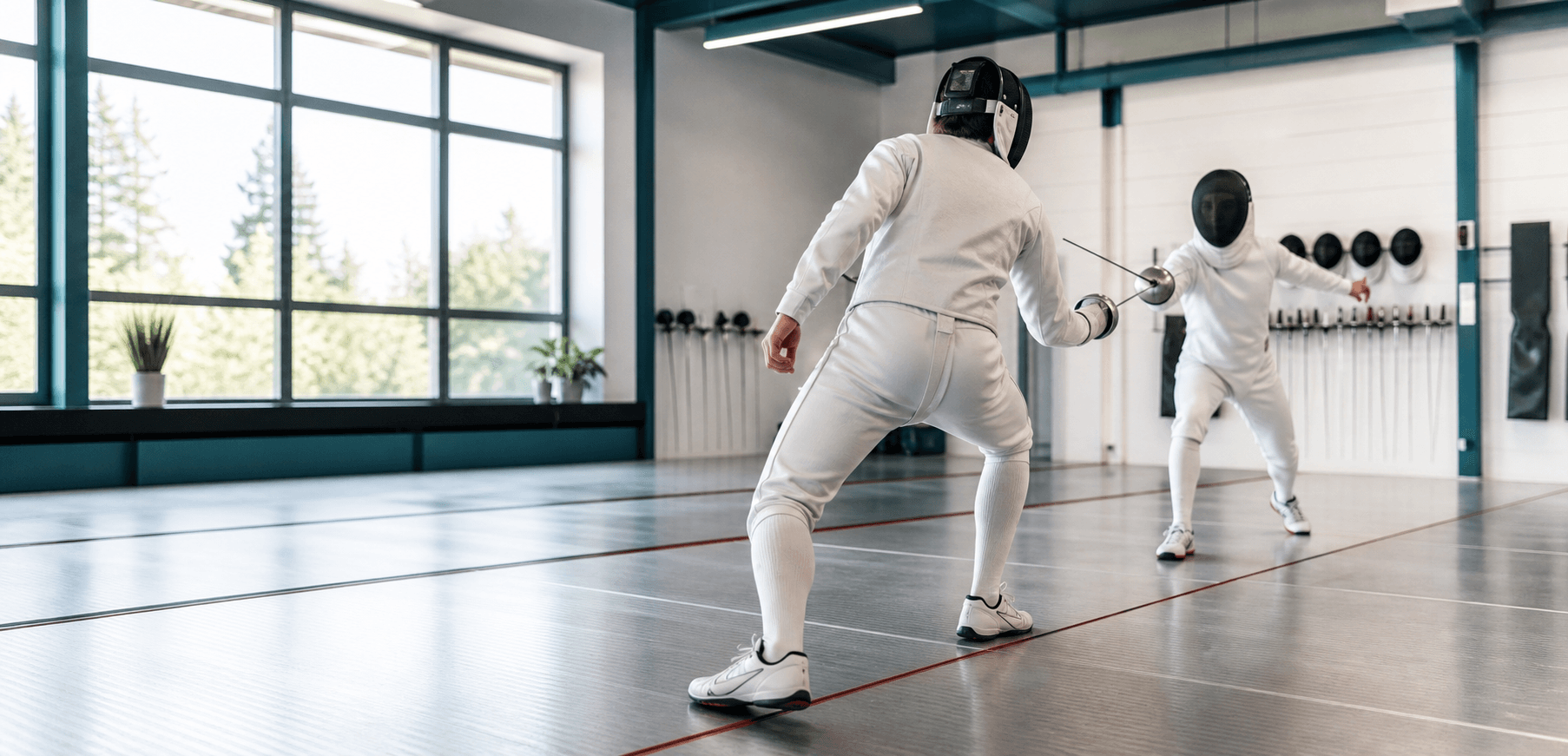 Fencers practicing in a modern fencing gym